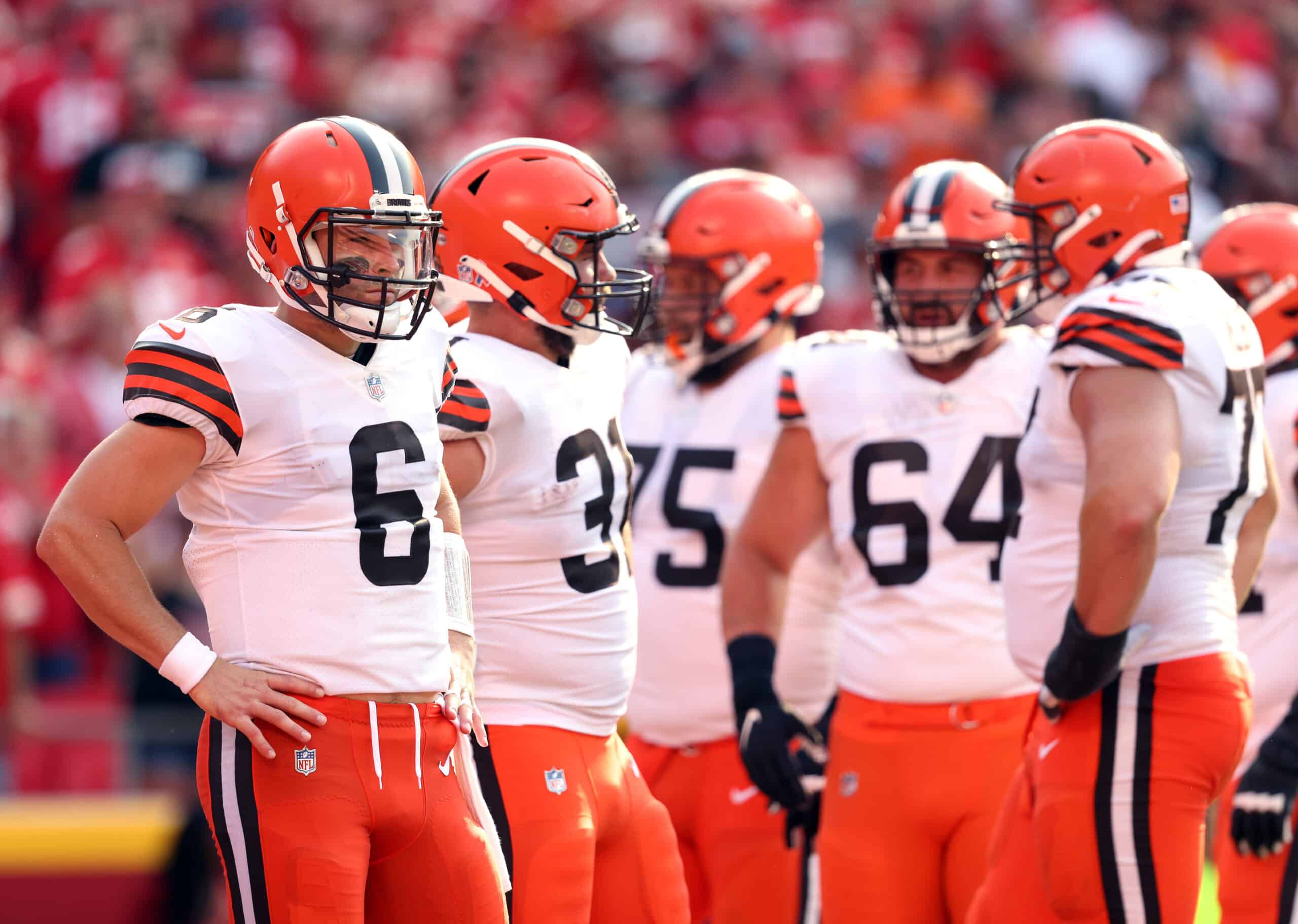 Quarterback Baker Mayfield #6 of the Cleveland Browns waits during a timeout in the game against the Kansas City Chiefs at Arrowhead Stadium on September 12, 2021 in Kansas City, Missouri.