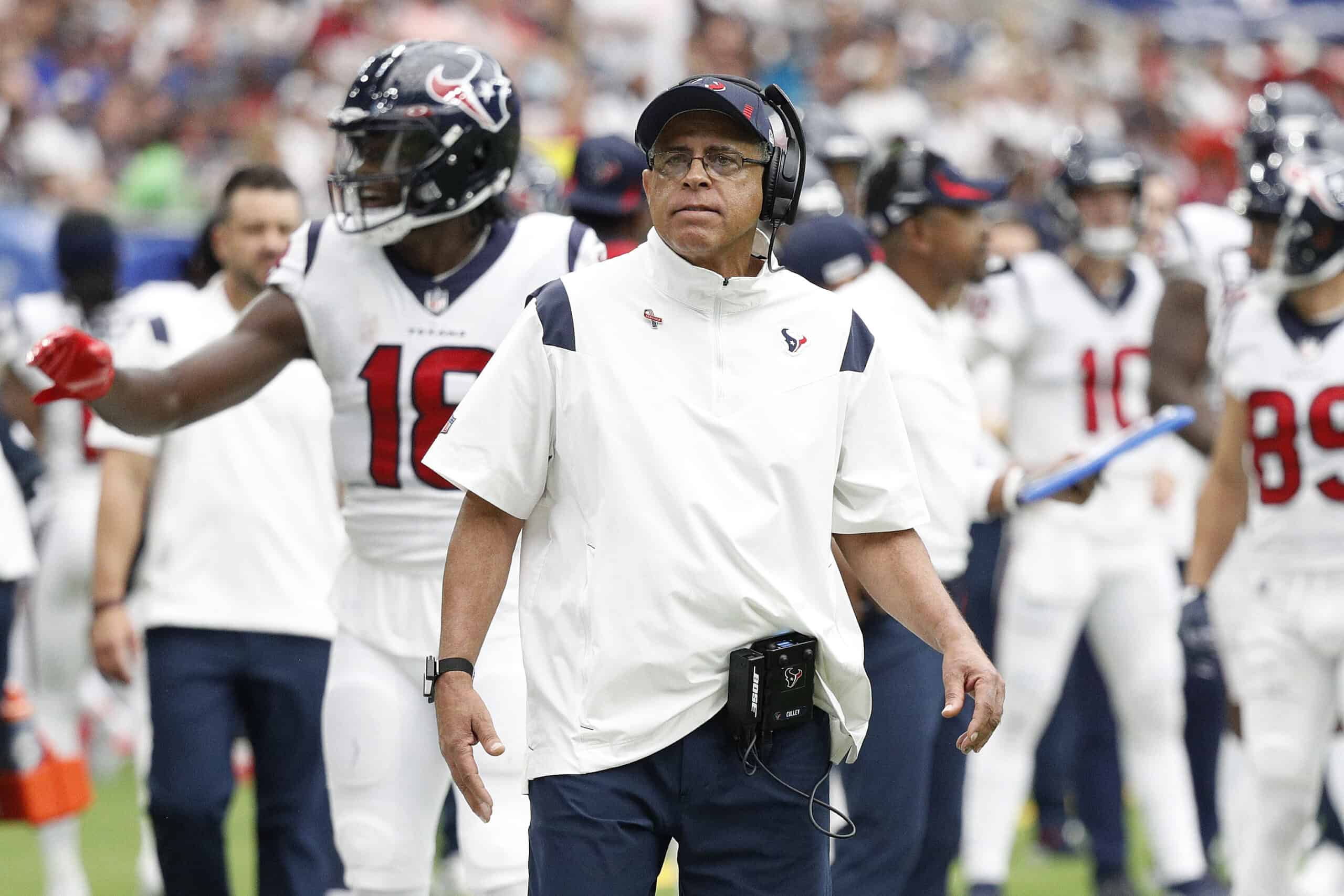 Head coach David Culley of the Houston Texans reacts during the first half against the Jacksonville Jaguars at NRG Stadium on September 12, 2021 in Houston, Texas. 