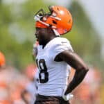 Cleveland Browns wide receiver Davion Davis (18) participates in drills during the Cleveland Browns Training Camp on August 7, 2021, at the at the Cleveland Browns Training Facility in Berea, Ohio.