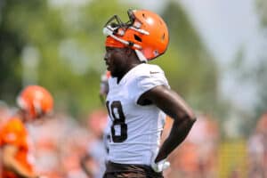 Cleveland Browns wide receiver Davion Davis (18) participates in drills during the Cleveland Browns Training Camp on August 7, 2021, at the at the Cleveland Browns Training Facility in Berea, Ohio.