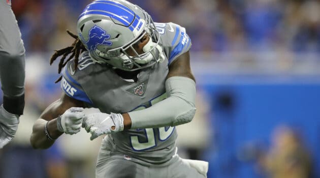 Dee Virgin #30 of the Detroit Lions celebrates after his tackle against the Chicago Bears at Ford Field on November 28, 2019 in Detroit, Michigan.