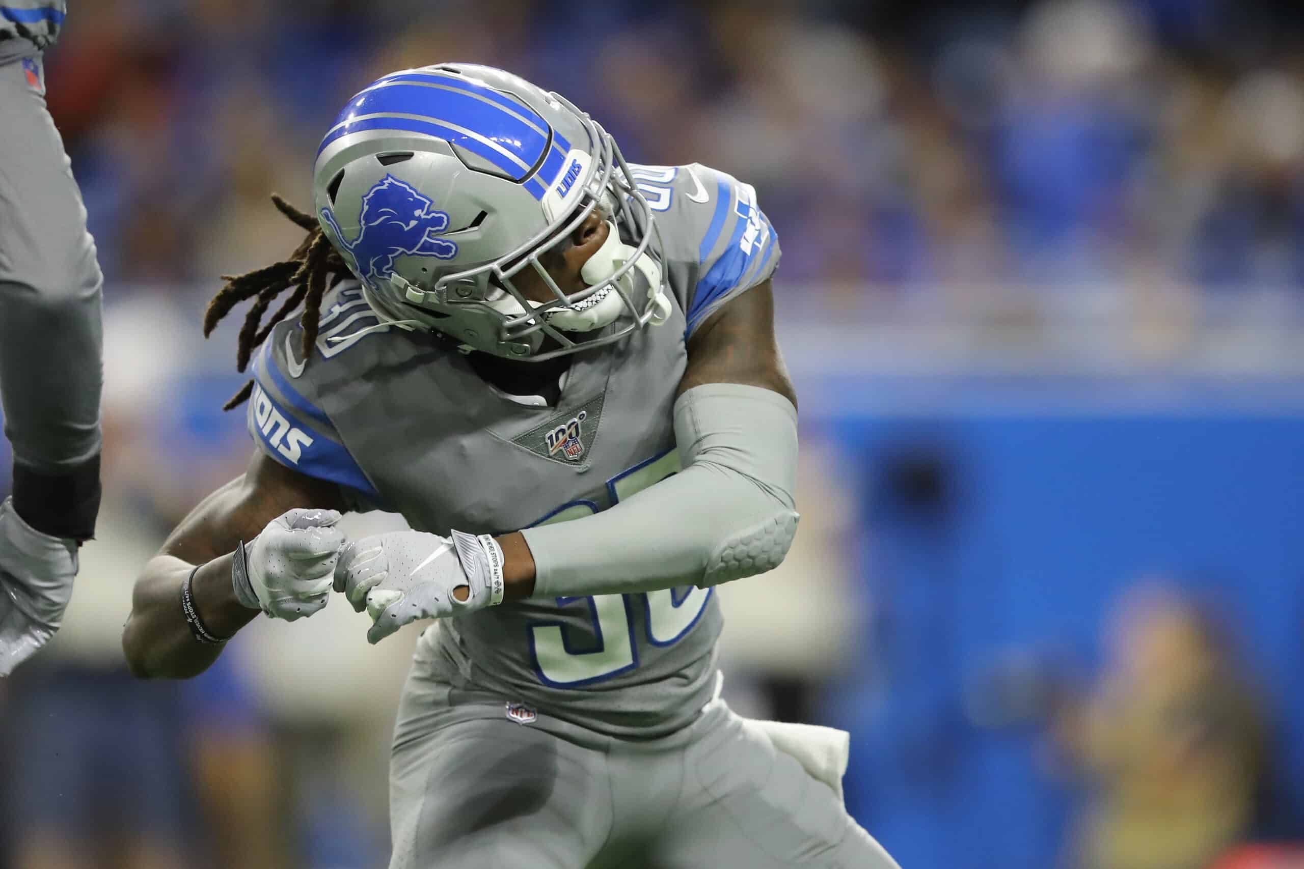 Dee Virgin #30 of the Detroit Lions celebrates after his tackle against the Chicago Bears at Ford Field on November 28, 2019 in Detroit, Michigan.