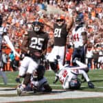 Running back Demetric Felton #25 of the Cleveland Browns scores a touchdown during the second half against the Houston Texans at FirstEnergy Stadium on September 19, 2021 in Cleveland, Ohio.