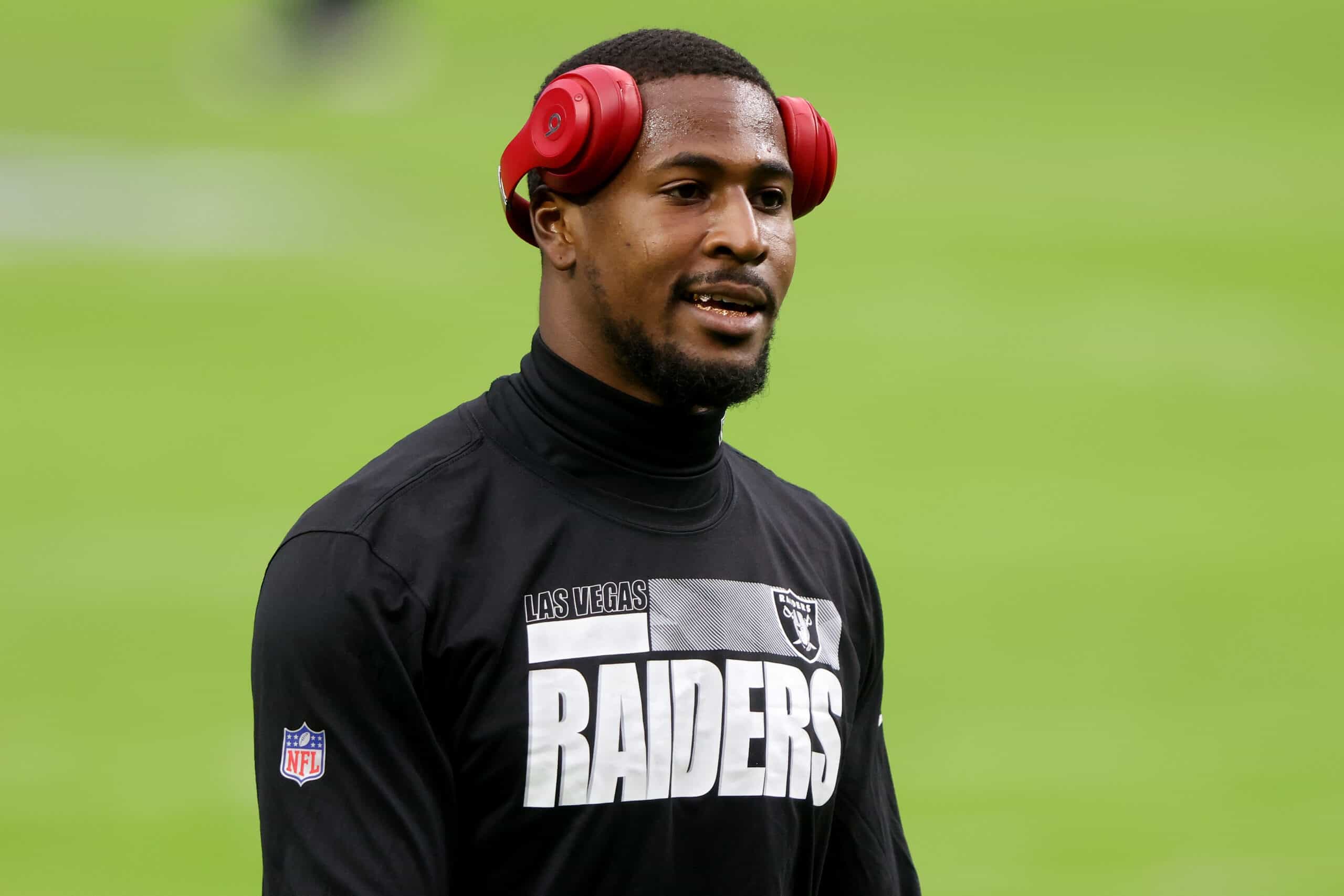 Isaiah Johnson #31 of the Las Vegas Raiders warms up before the game against the Tampa Bay Buccaneers at Allegiant Stadium on October 25, 2020 in Las Vegas, Nevada. 