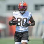 Wide receiver Jarvis Landry #80 of the Cleveland Browns runs a drill during the first day of Cleveland Browns Training Camp on July 28, 2021 in Berea, Ohio.