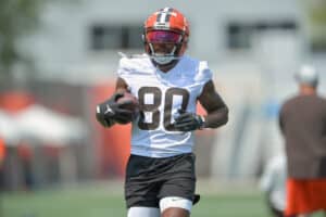 Wide receiver Jarvis Landry #80 of the Cleveland Browns runs a drill during the first day of Cleveland Browns Training Camp on July 28, 2021 in Berea, Ohio.