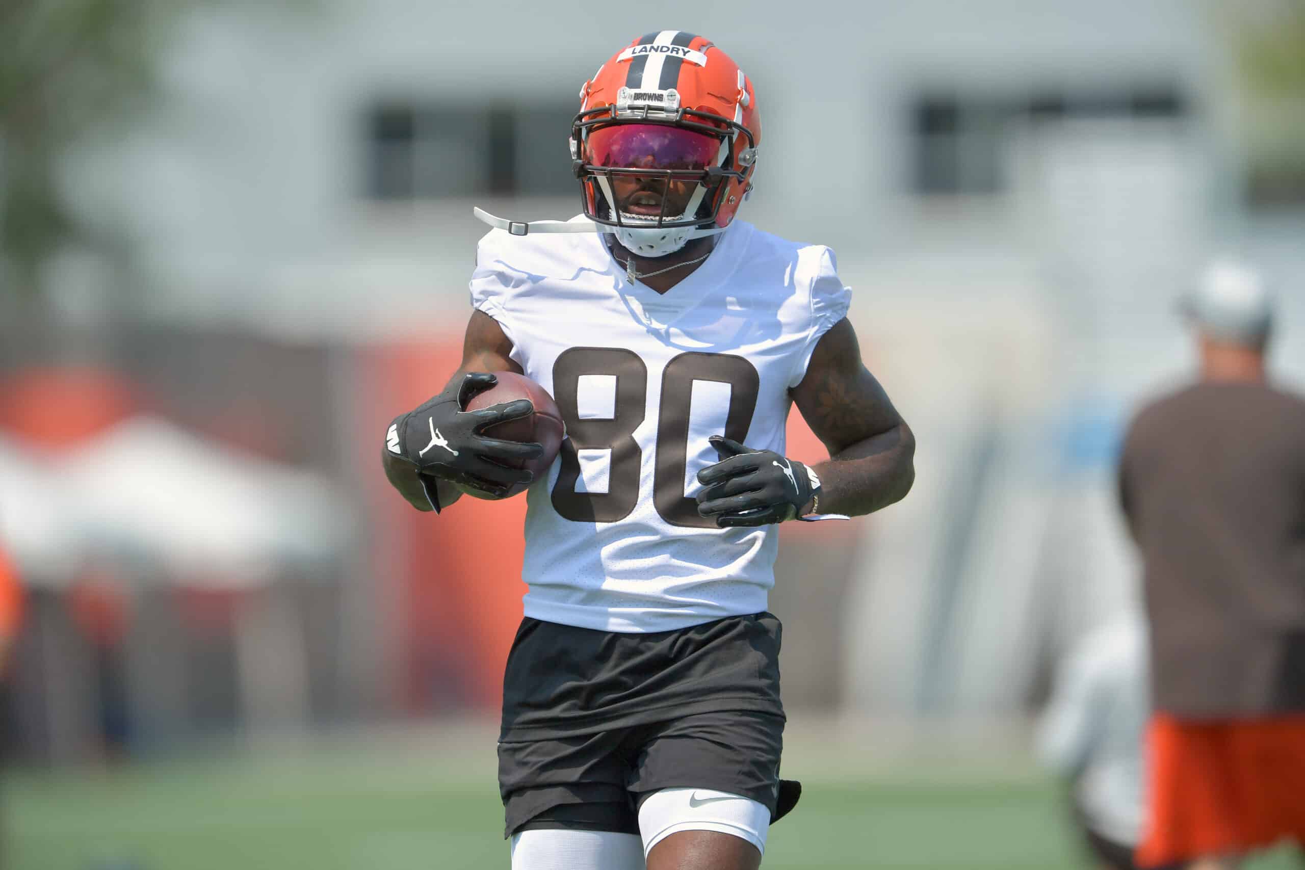 Wide receiver Jarvis Landry #80 of the Cleveland Browns runs a drill during the first day of Cleveland Browns Training Camp on July 28, 2021 in Berea, Ohio. 