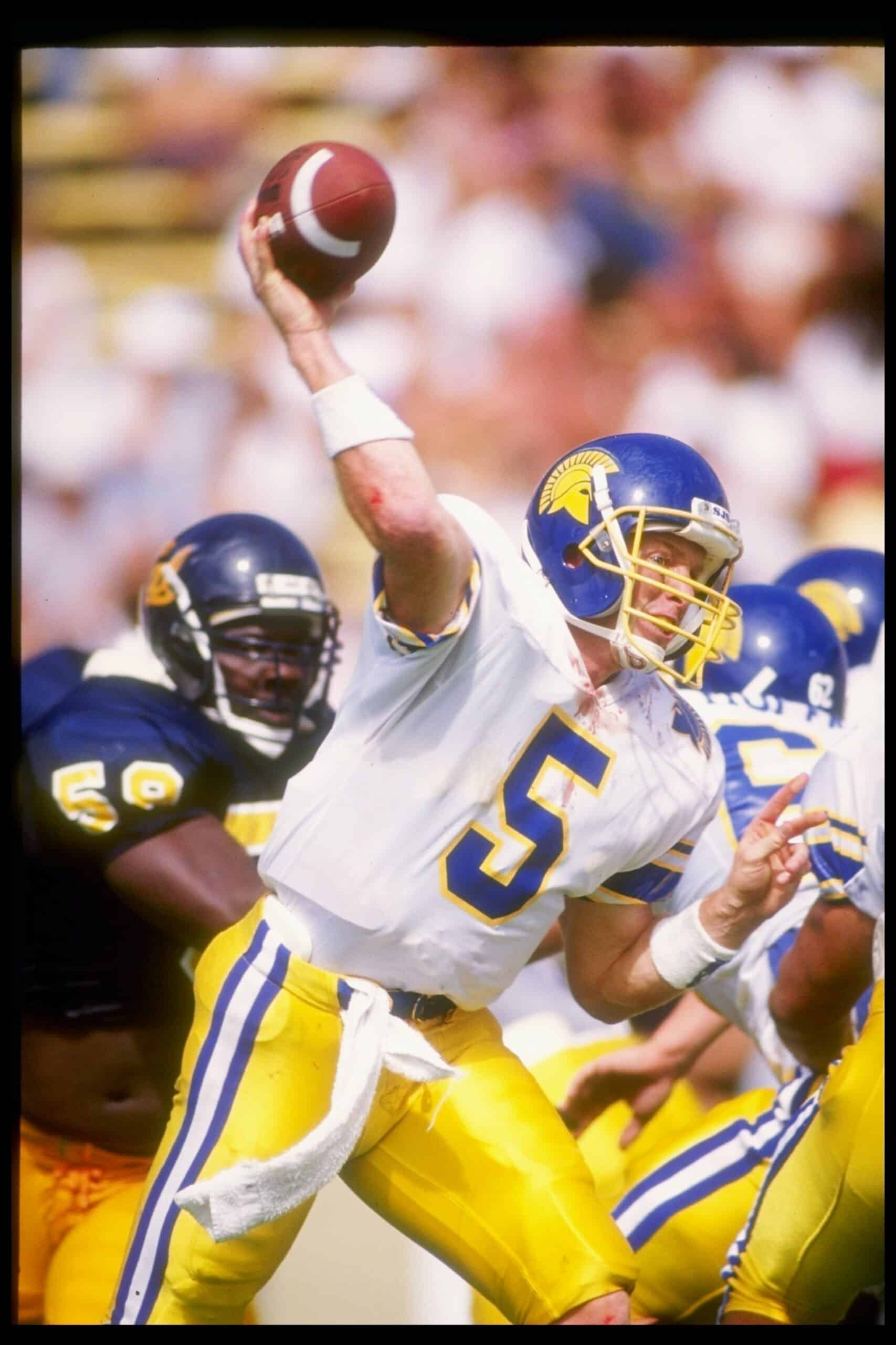 Quarterback Jeff Garcia #5 of the San Jose State Spartans in action during a game against the California Golden Bears. The California Golden Bears won the game 35-34. 