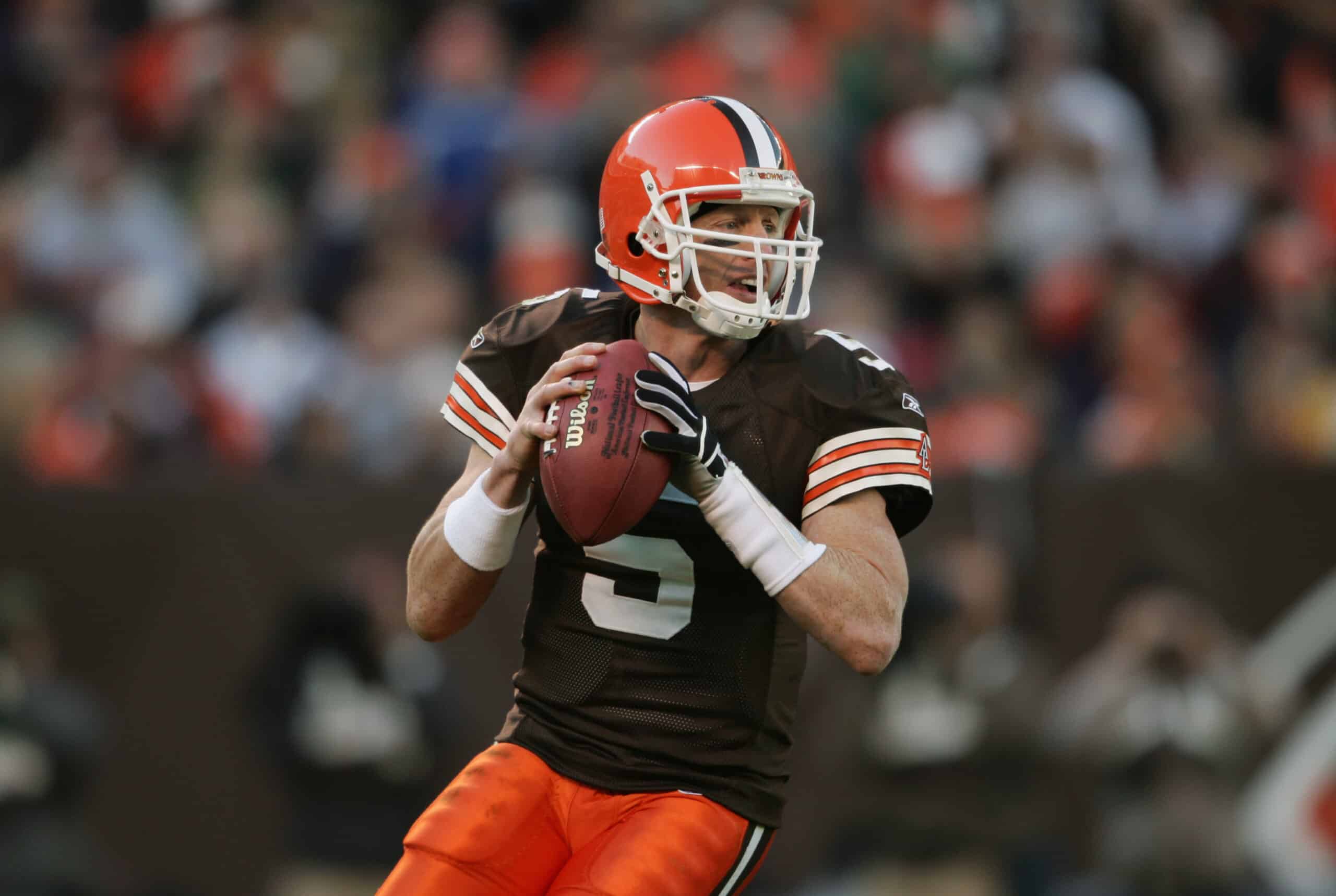 Quarterback Jeff Garcia #5 of the Cleveland Browns drops back to pass during the game against the Pittsburgh Steelers at Cleveland Browns Stadium on November 14, 2004 in Cleveland, Ohio.The Steelers won 24-10.