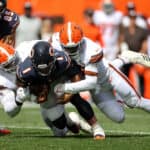 Cleveland Browns defensive end Myles Garrett (95) and Cleveland Browns linebacker Jeremiah Owusu-Koramoah (28) sack Chicago Bears quarterback Justin Fields (1) during the second quarter of the National Football League game between the Chicago Bears and Cleveland Browns on September 26, 2021, at FirstEnergy Stadium in Cleveland, OH.
