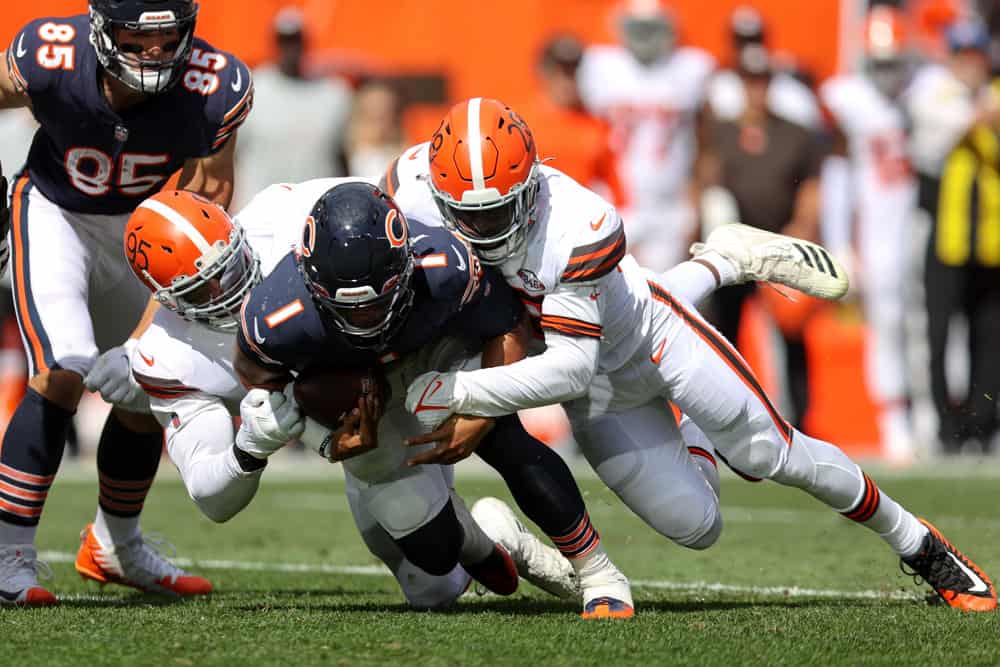 Cleveland Browns defensive end Myles Garrett (95) and Cleveland Browns linebacker Jeremiah Owusu-Koramoah (28) sack Chicago Bears quarterback Justin Fields (1) during the second quarter of the National Football League game between the Chicago Bears and Cleveland Browns on September 26, 2021, at FirstEnergy Stadium in Cleveland, OH. 