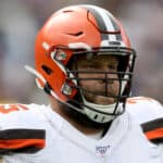 Joel Bitonio #75 of the Cleveland Browns warms up before the start of the Browns and Baltimore Ravens game at M&T Bank Stadium on September 29, 2019 in Baltimore, Maryland.