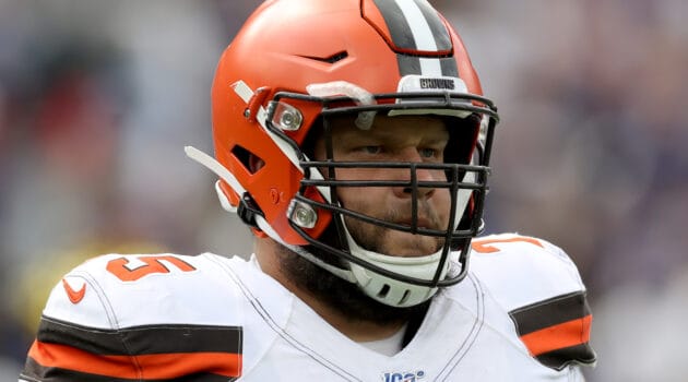Joel Bitonio #75 of the Cleveland Browns warms up before the start of the Browns and Baltimore Ravens game at M&T Bank Stadium on September 29, 2019 in Baltimore, Maryland.