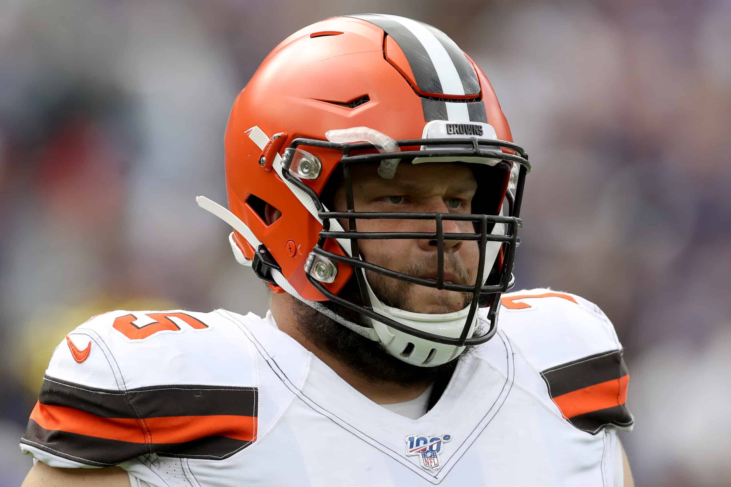 Joel Bitonio #75 of the Cleveland Browns warms up before the start of the Browns and Baltimore Ravens game at M&T Bank Stadium on September 29, 2019 in Baltimore, Maryland. 