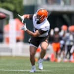 Cleveland Browns tight end Jordan Franks (87) participates in drills during the Cleveland Browns Training Camp on August 7, 2021, at the at the Cleveland Browns Training Facility in Berea, Ohio.