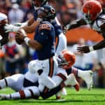 Justin Fields #1 of the Chicago Bears is sacked during the second quarter in the game against the Cleveland Browns at FirstEnergy Stadium on September 26, 2021 in Cleveland, Ohio.