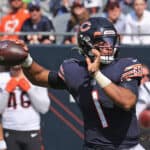 Justin Fields #1 of the Chicago Bears passes against the Cincinnati Bengals at Soldier Field on September 19, 2021 in Chicago, Illinois. The Bears defeated the Bengals 20-17.