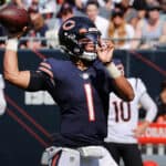 Quarterback Justin Fields #1 of the Chicago Bears throws the ball during the second half in the game against the Cincinnati Bengals at Soldier Field on September 19, 2021 in Chicago, Illinois.