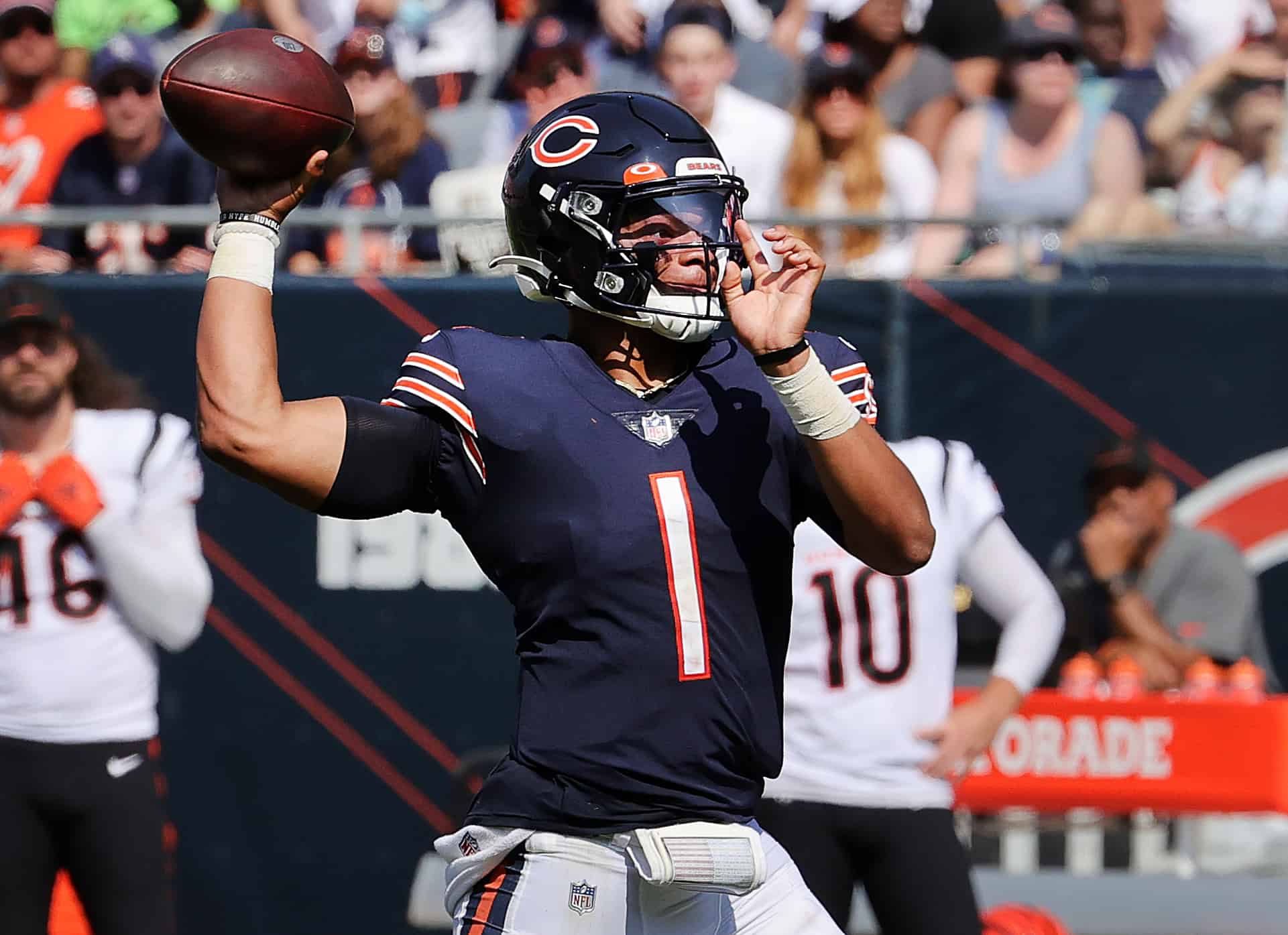 Quarterback Justin Fields #1 of the Chicago Bears throws the ball during the second half in the game against the Cincinnati Bengals at Soldier Field on September 19, 2021 in Chicago, Illinois. 