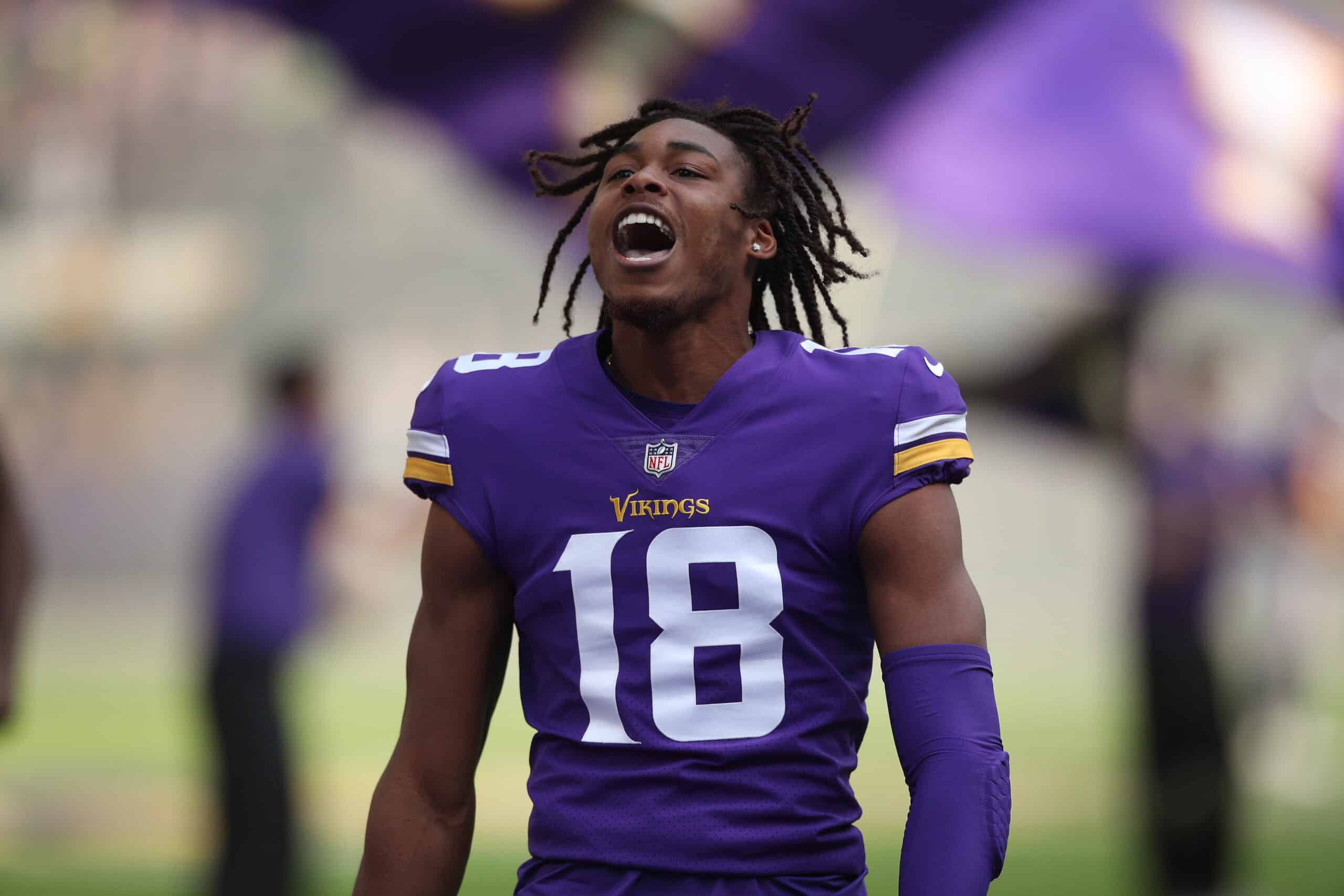 Justin Jefferson #18 of the Minnesota Vikings during player introductions before the game against the Seattle Seahawks at U.S. Bank Stadium on September 26, 2021 in Minneapolis, Minnesota.