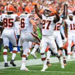 Kareem Hunt #27 of the Cleveland Browns celebrates with Baker Mayfield #6 after running the ball for a touchdown during the fourth quarter in the game against the Chicago Bears at FirstEnergy Stadium on September 26, 2021 in Cleveland, Ohio.