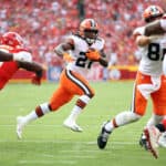 Running back Kareem Hunt #27 of the Cleveland Browns carries the ball during the game against the Kansas City Chiefs at Arrowhead Stadium on September 12, 2021 in Kansas City, Missouri.