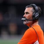 Head coach Kevin Stefanski of the Cleveland Browns looks on during the game against the Atlanta Falcons during the first half at Mercedes-Benz Stadium on August 29, 2021 in Atlanta, Georgia.
