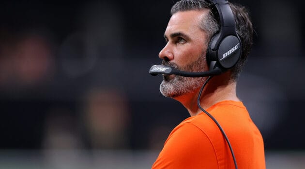 Head coach Kevin Stefanski of the Cleveland Browns looks on during the game against the Atlanta Falcons during the first half at Mercedes-Benz Stadium on August 29, 2021 in Atlanta, Georgia.