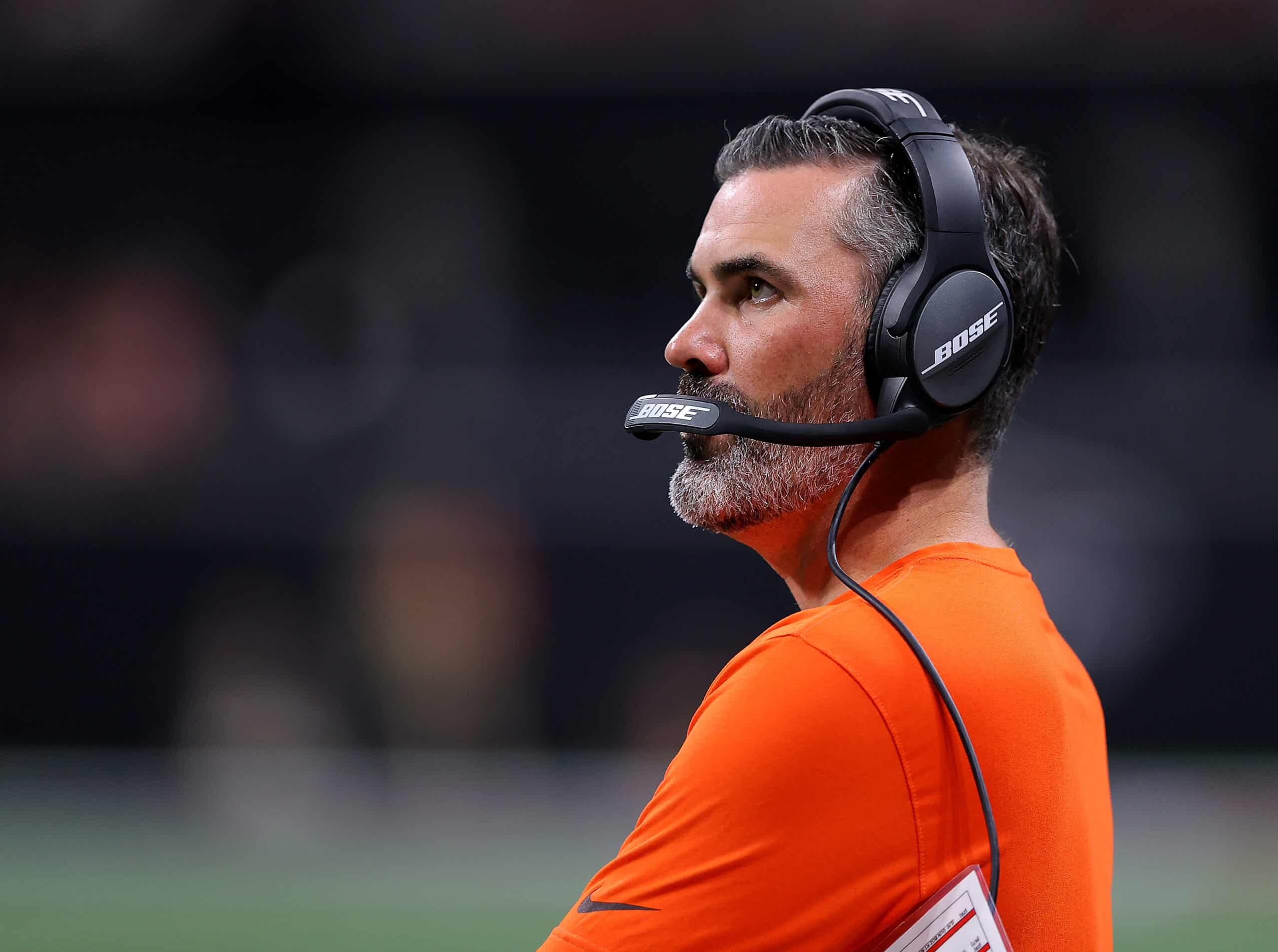 Head coach Kevin Stefanski of the Cleveland Browns looks on during the game against the Atlanta Falcons during the first half at Mercedes-Benz Stadium on August 29, 2021 in Atlanta, Georgia.