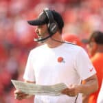 Head coach Kevin Stefanski of the Cleveland Browns looks on against the Kansas City Chiefs during the first half at Arrowhead Stadium on September 12, 2021 in Kansas City, Missouri.