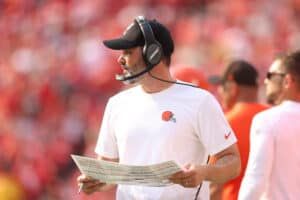 Head coach Kevin Stefanski of the Cleveland Browns looks on against the Kansas City Chiefs during the first half at Arrowhead Stadium on September 12, 2021 in Kansas City, Missouri.