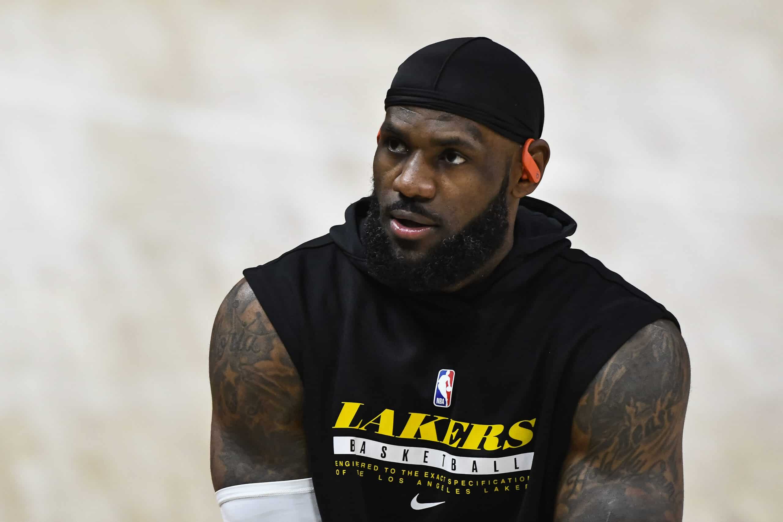 LeBron James #23 of the Los Angeles Lakers warms up before a game against the Utah Jazz at Vivint Smart Home Arena on February 24, 2021 in Salt Lake City, Utah. NOTE TO USER: User expressly acknowledges and agrees that, by downloading and/or using this photograph, user is consenting to the terms and conditions of the Getty Images License Agreement. 