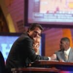 Mel Kiper, Chris Mortensen and Keyshawn Johnson broadcast for ESPN during the 2007 NFL Draft on April 28, 2007 at Radio City Music Hall in New York, New York.