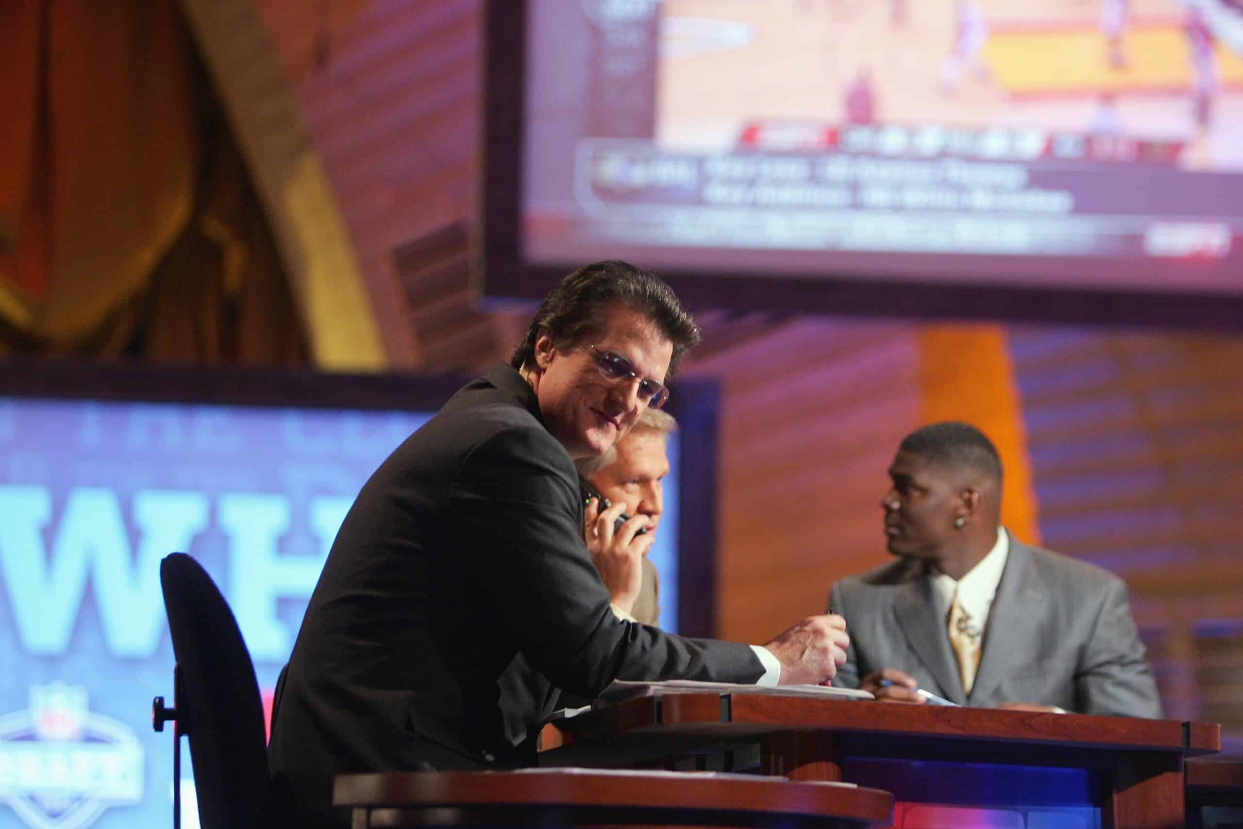 Mel Kiper, Chris Mortensen and Keyshawn Johnson broadcast for ESPN during the 2007 NFL Draft on April 28, 2007 at Radio City Music Hall in New York, New York. 