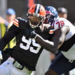Defensive end Myles Garrett #95 of the Cleveland Browns battles with offensive tackle Laremy Tunsil #78 of the Houston Texans during the second half at FirstEnergy Stadium on September 19, 2021 in Cleveland, Ohio.