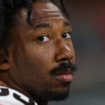 Myles Garrett #95 of the Cleveland Browns looks on against the Atlanta Falcons during the first half at Mercedes-Benz Stadium on August 29, 2021 in Atlanta, Georgia.