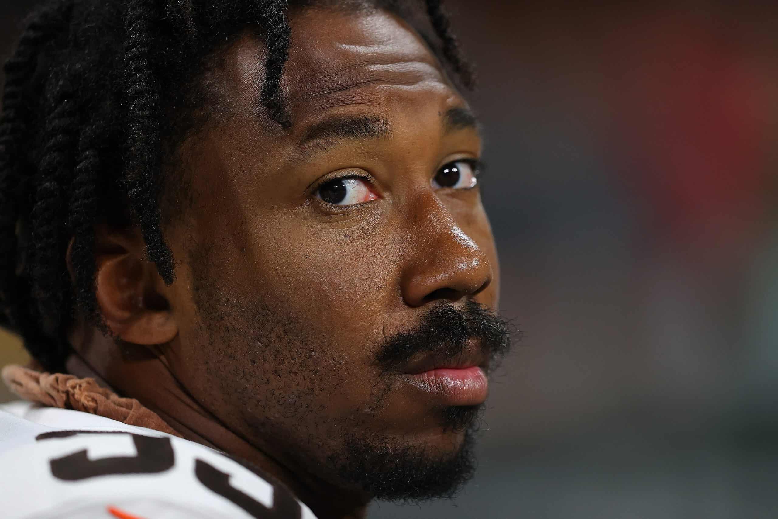 Myles Garrett #95 of the Cleveland Browns looks on against the Atlanta Falcons during the first half at Mercedes-Benz Stadium on August 29, 2021 in Atlanta, Georgia.