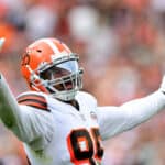 Myles Garrett #95 of the Cleveland Browns celebrates a defensive play during the second half in the game against the Chicago Bears at FirstEnergy Stadium on September 26, 2021 in Cleveland, Ohio.