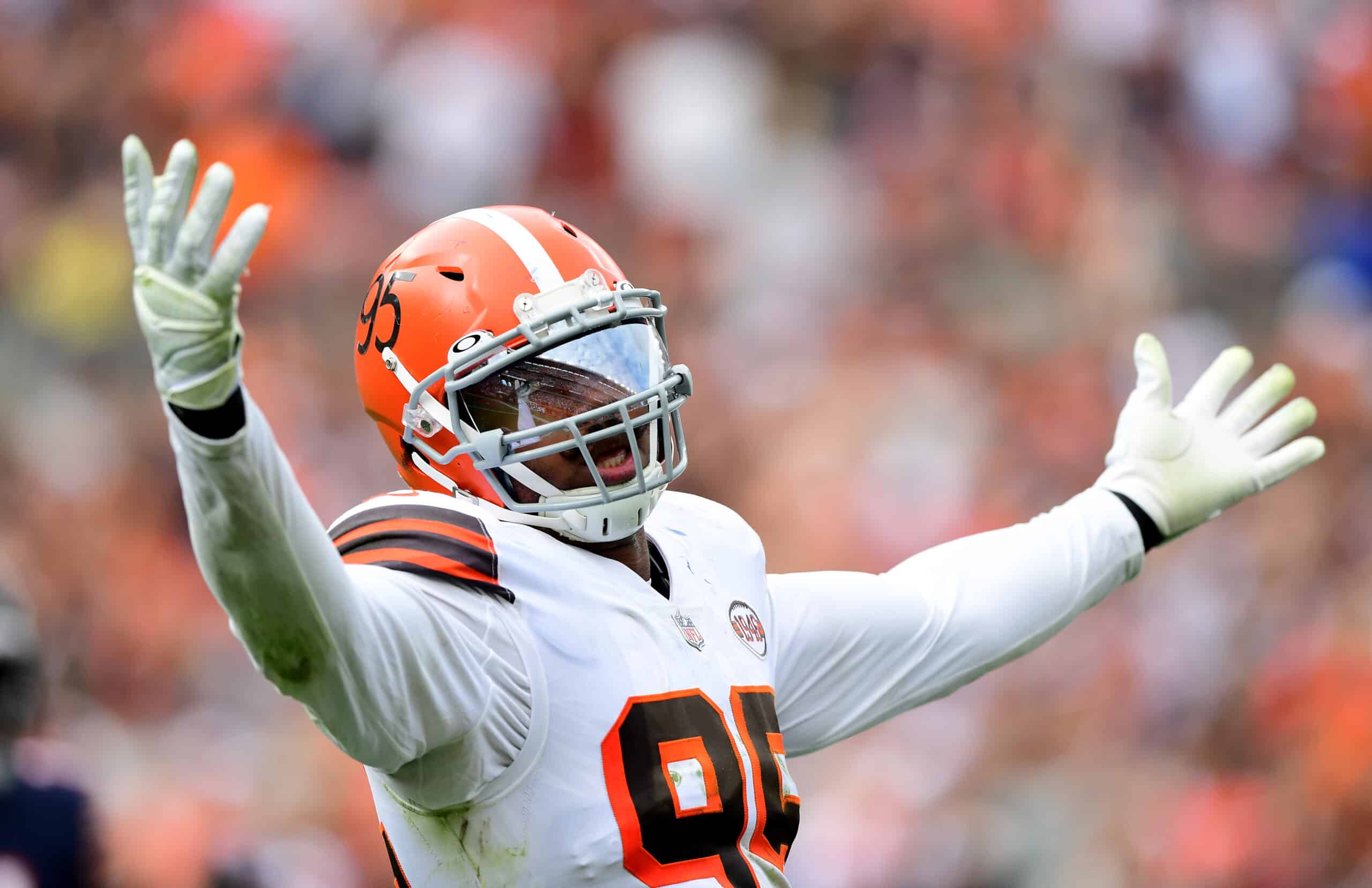 Myles Garrett #95 of the Cleveland Browns celebrates a defensive play during the second half in the game against the Chicago Bears at FirstEnergy Stadium on September 26, 2021 in Cleveland, Ohio.