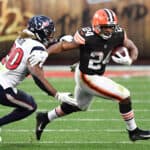 Nick Chubb #24 of the Cleveland Browns runs the ball for 59 yards against the Houston Texans during the second half at FirstEnergy Stadium on November 15, 2020 in Cleveland, Ohio.