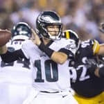 Nick Mullens #10 of the Philadelphia Eagles throws a pass against the Pittsburgh Steelers in the second half of the preseason game at Lincoln Financial Field on August 12, 2021 in Philadelphia, Pennsylvania. The Steelers defeated the Eagles 24-16.