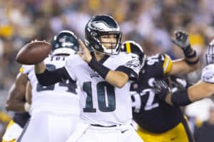 Nick Mullens #10 of the Philadelphia Eagles throws a pass against the Pittsburgh Steelers in the second half of the preseason game at Lincoln Financial Field on August 12, 2021 in Philadelphia, Pennsylvania. The Steelers defeated the Eagles 24-16.