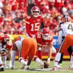 Patrick Mahomes #15 of the Kansas City Chiefs directs the offense against the Cleveland Browns during the first half at Arrowhead Stadium on September 12, 2021 in Kansas City, Missouri.