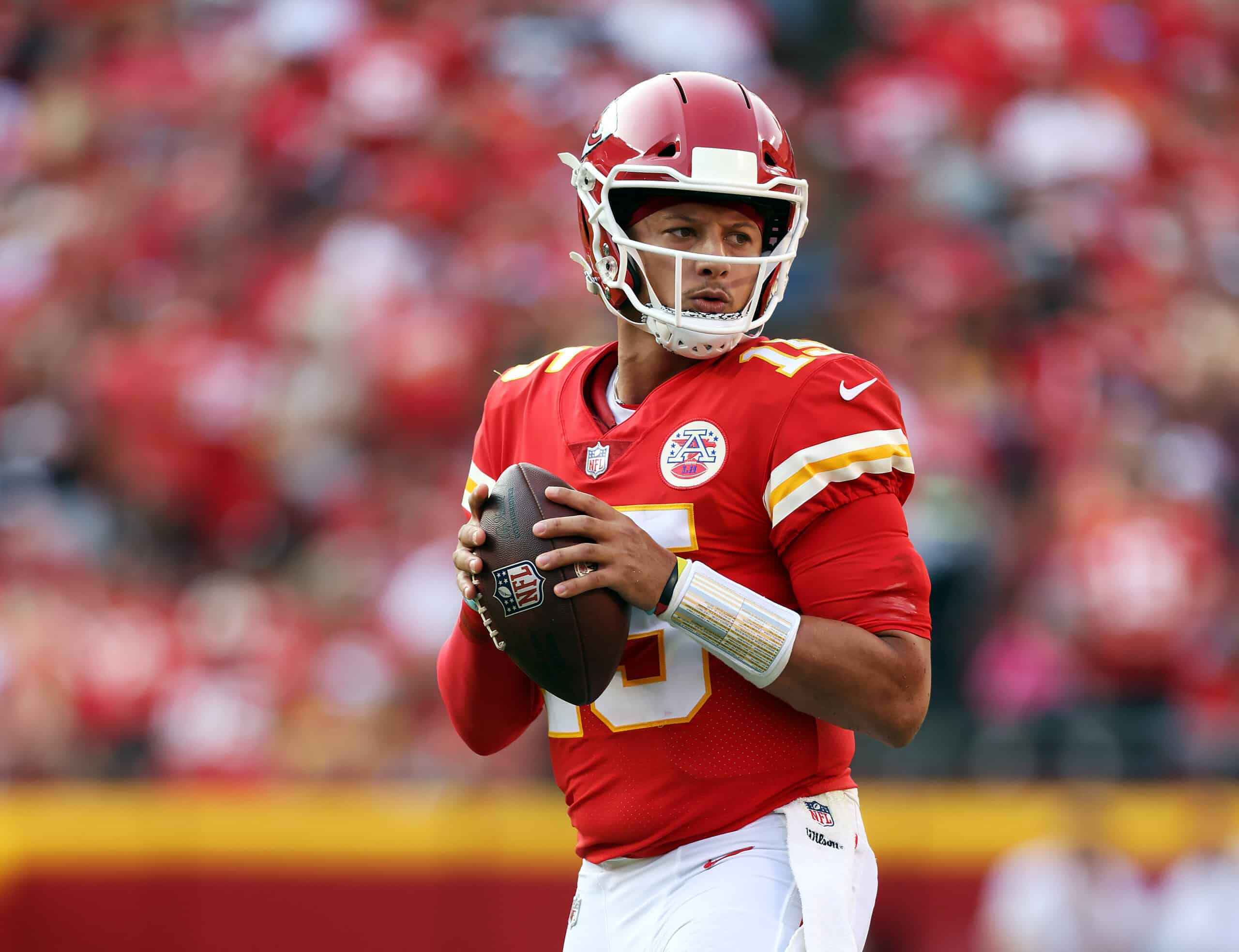 Quarterback Patrick Mahomes #15 of the Kansas City Chiefs in action during the game against the Cleveland Browns at Arrowhead Stadium on September 12, 2021 in Kansas City, Missouri.