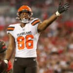 Pharoah Brown (86) of the Browns signals first down after his catch during the preseason game between the Cleveland Browns and the Tampa Bay Buccaneers on August 23, 2019 at Raymond James Stadium in Tampa, Florida.