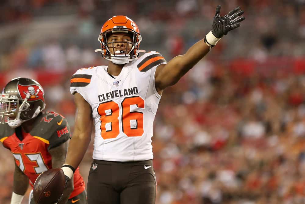 Pharoah Brown (86) of the Browns signals first down after his catch during the preseason game between the Cleveland Browns and the Tampa Bay Buccaneers on August 23, 2019 at Raymond James Stadium in Tampa, Florida.