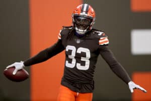 Ronnie Harrison Jr. #33 of the Cleveland Browns celebrates after scoring a touchdown from an interception in the third quarter against the Indianapolis Colts at FirstEnergy Stadium on October 11, 2020 in Cleveland, Ohio.