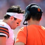 Head coach Kevin Stefanski of the Cleveland Browns talks with Baker Mayfield #6 during the first half in the game against the Chicago Bears at FirstEnergy Stadium on September 26, 2021 in Cleveland, Ohio.