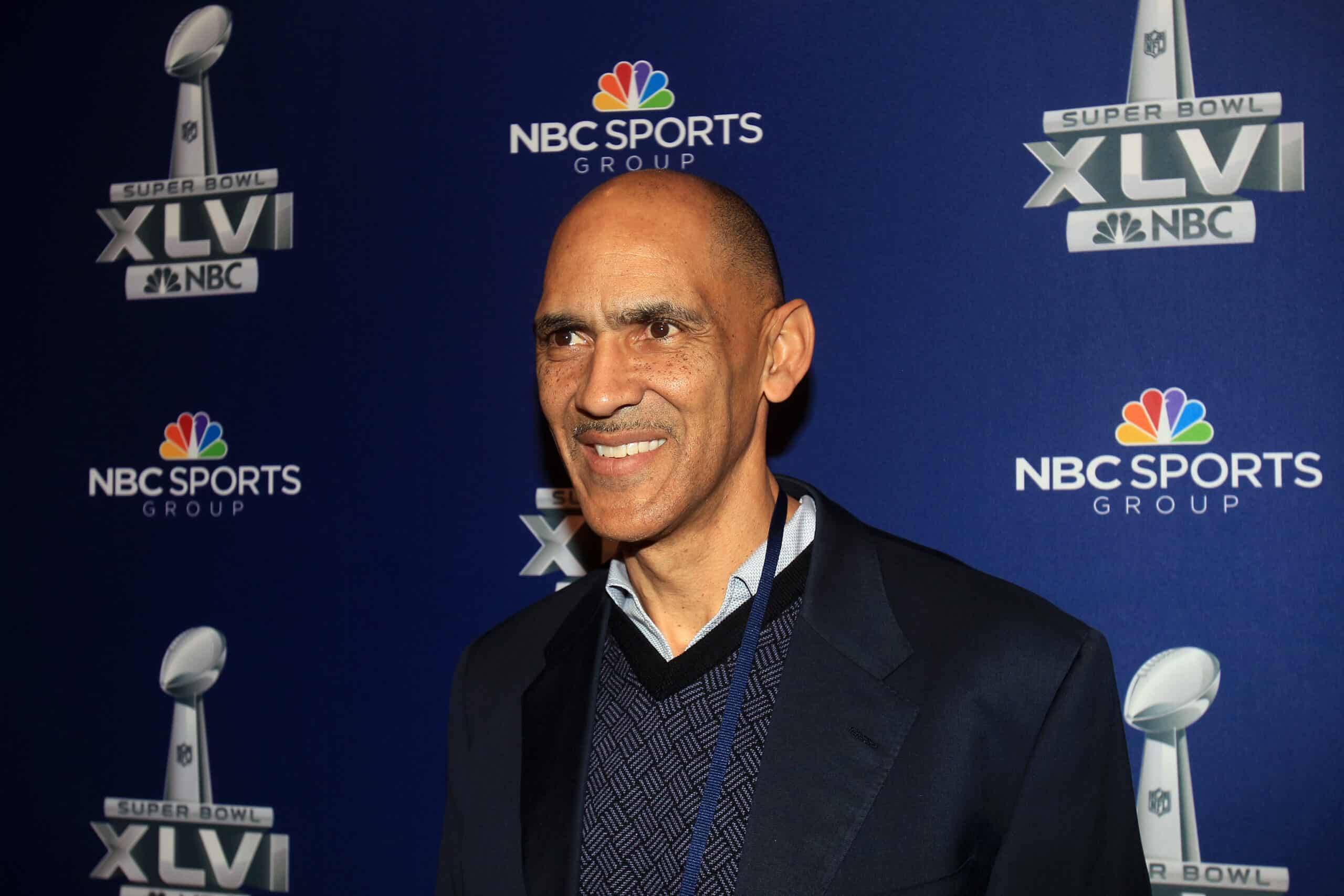 NBC studio analyst Tony Dungy looks on during the Super Bowl XLVI Broadcasters Press Conference at the Super Bowl XLVI Media Canter in the J.W. Marriott Indianapolis on January 31, 2012 in Indianapolis, Indiana. 