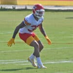 Safety Tyrann Mathieu #32 of the Kansas City Chiefs works on defensive drills during training camp at Missouri Western State University on July 30, 2021 in St Joseph, Missouri.